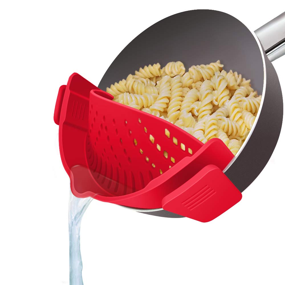 YEVIOR Clip on Strainer for Pots Pan Pasta,Silicone Food Strainer Hands-Free Pan Strainer, Clip-on Kitchen Food Strainer for Spa
