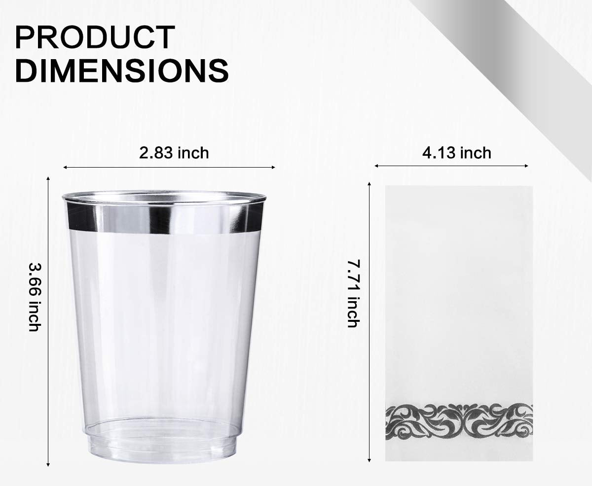 350 Piece MCIRCO Silver Dinnerware Set - 100 Silver Rim Plastic Plates - 50 Silver Plastic Silverware - 50 Silver Plastic Cups - 50 Linen Like Silver Paper Napkins  50 Guest Disposable Silver Dinner