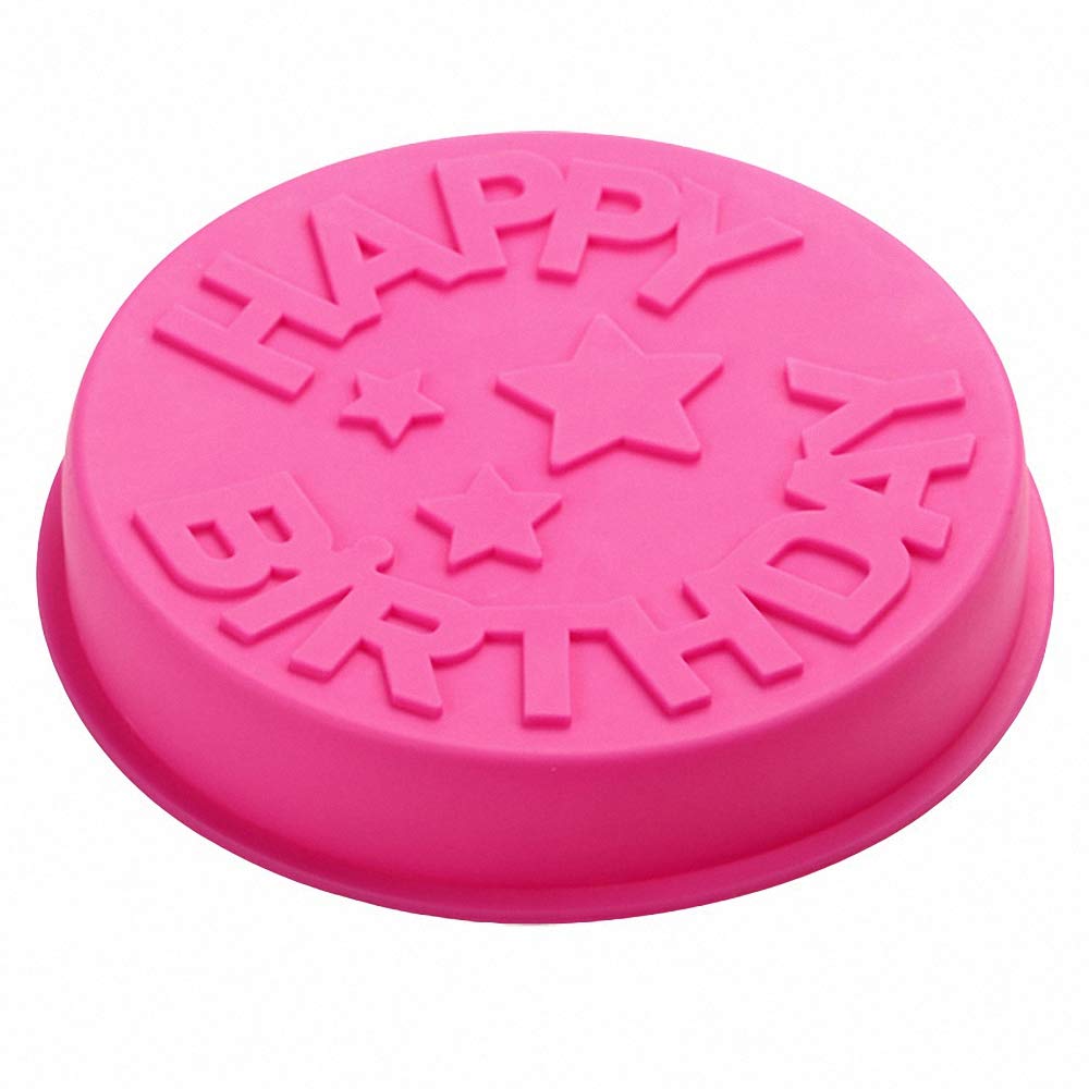 Hiparty Happy Birthday Silicone Baking Mold, 9.6-Inch Cake Pan Round Circle Mold Cheese Jelly Pudding Muffin Pizza Pie Flan Tart