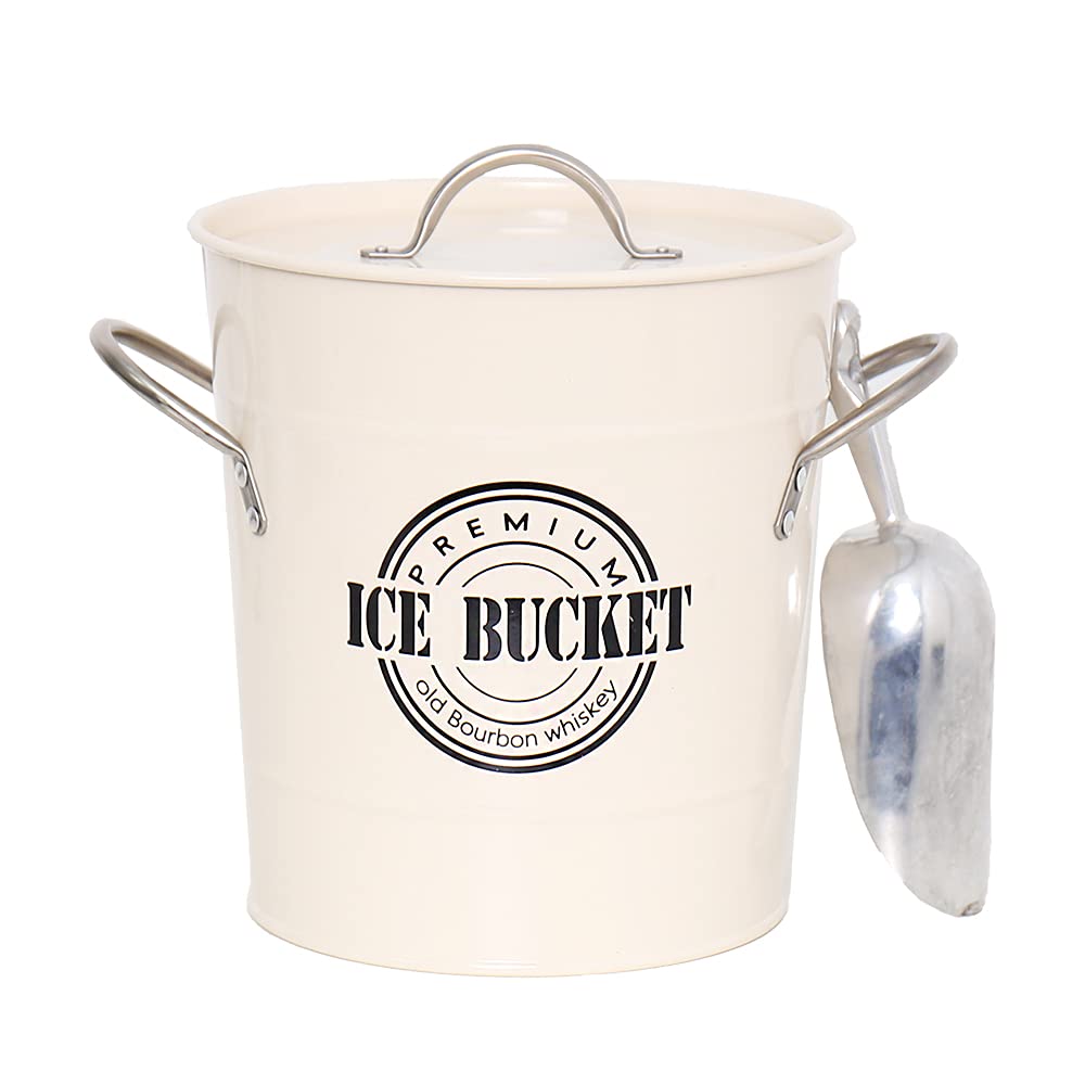 Home By Jackie Inc T586A 4L Cream White Metal Galvanized Double Walled Ice Bucket Set With Lid And Scoop