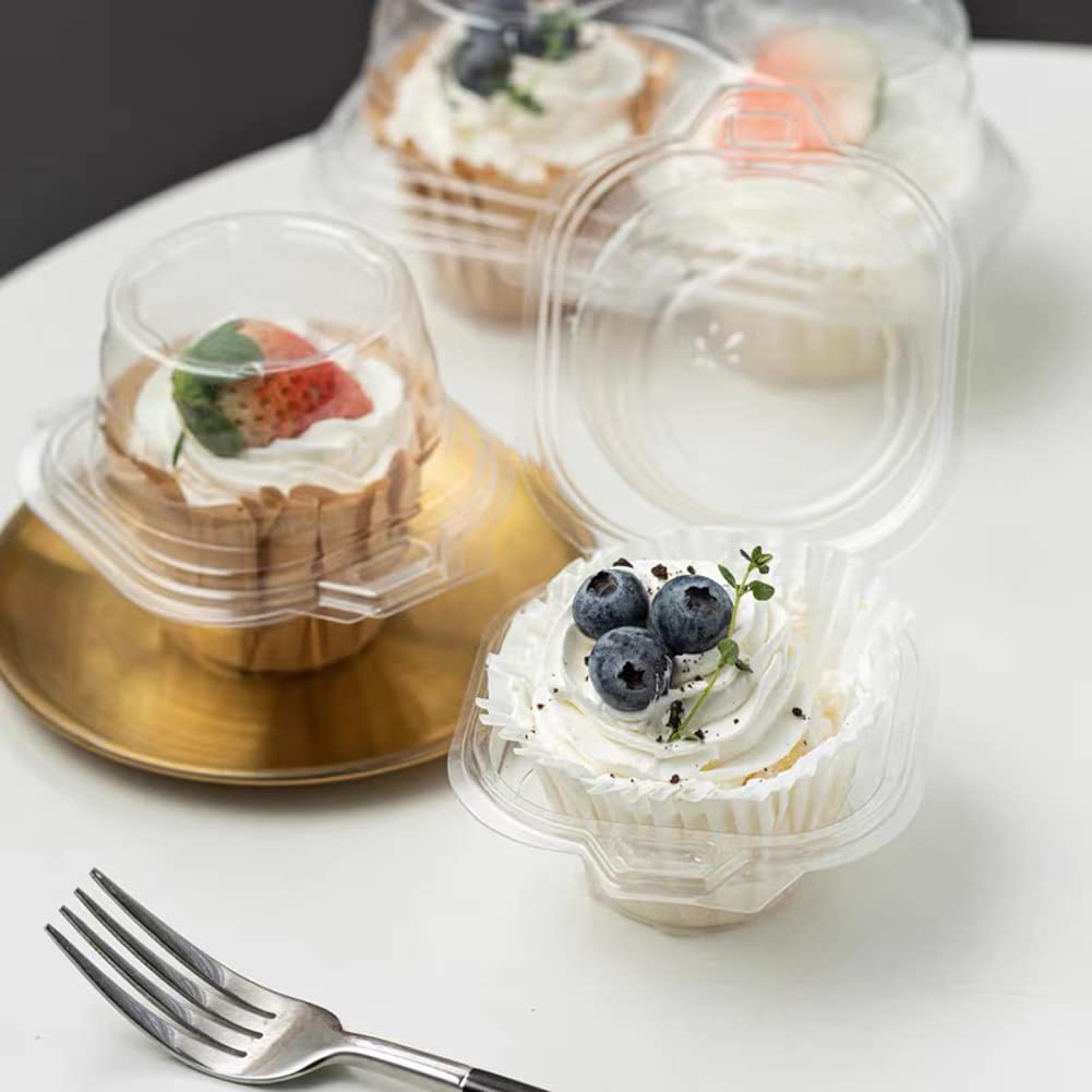 Lokqing 50 Pcs Cupcake Boxes Plastic Individual Cupcake Containers Single Cupcake Carrier With Connected Airtight Dome Lid For P