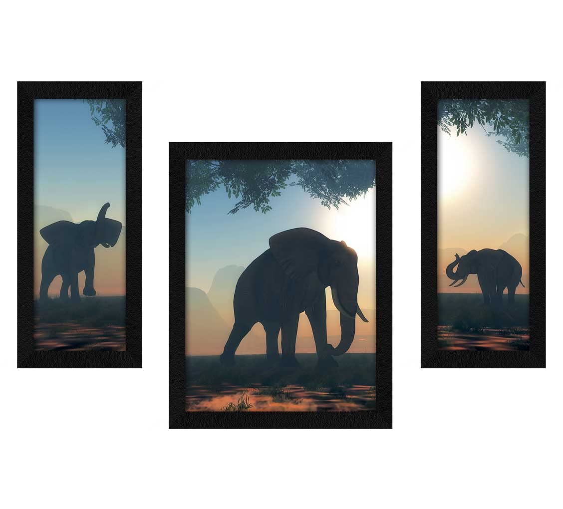 Artx Elephant Family Wildlife Framed Painting (Synthetic Wood, 13.5 Inch X 22.5 Inch, Multicolour)