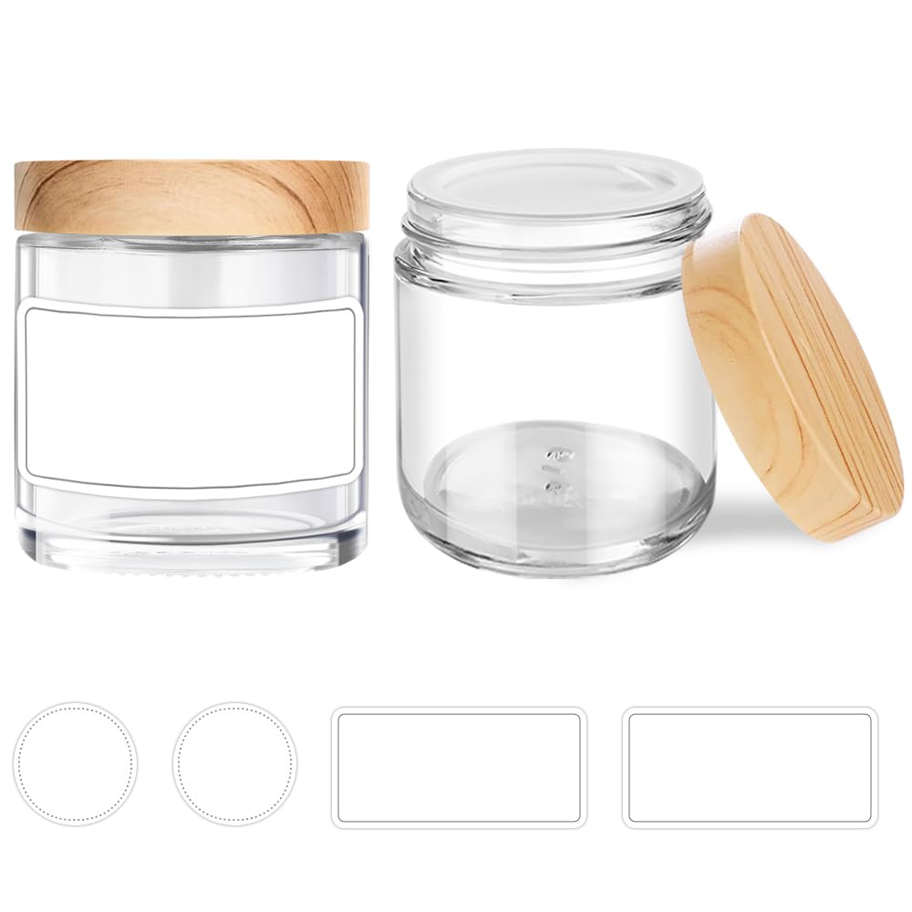 Small Glass Jars With Lids, 4 Oz Glass Containers With Plastic Woodgrain Lids & Inner Liners, Reusable Travel Cosmetic Container