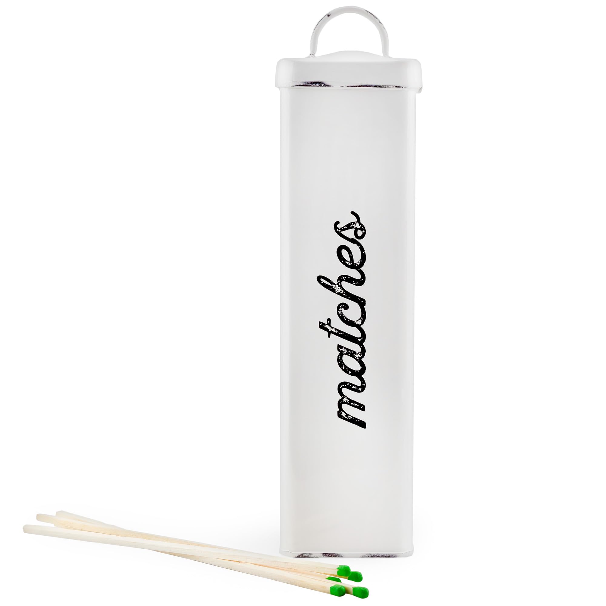 Auldhome Design Enamelware Fireplace Matches Holder (White), Farmhouse Storage Container For Long Safety Matches