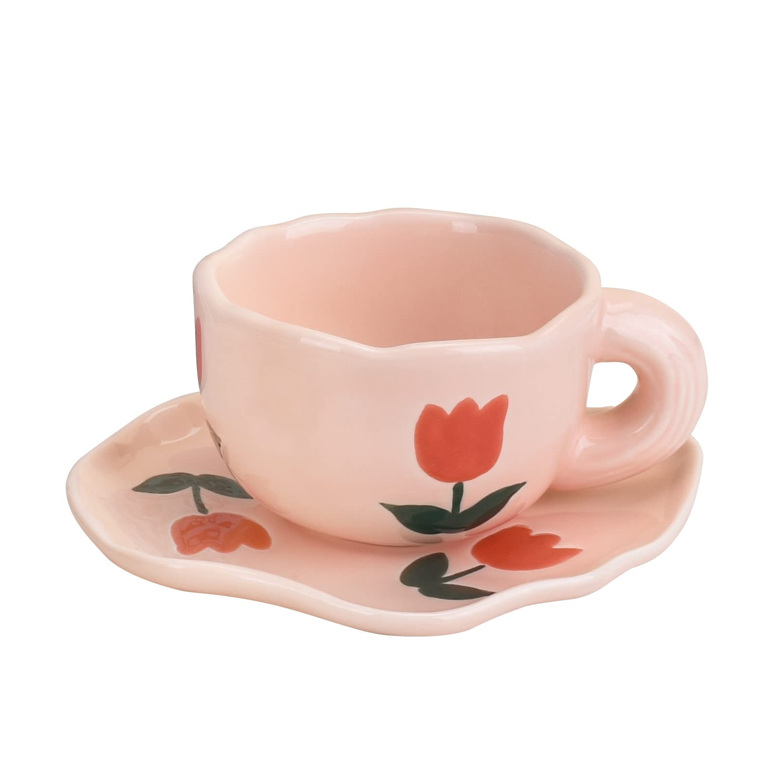Koythin Ceramic Coffee Mug with Saucer Set, Cute Creative Cup Unique Irregular Saucer Design for Office and Home, Dishwasher and
