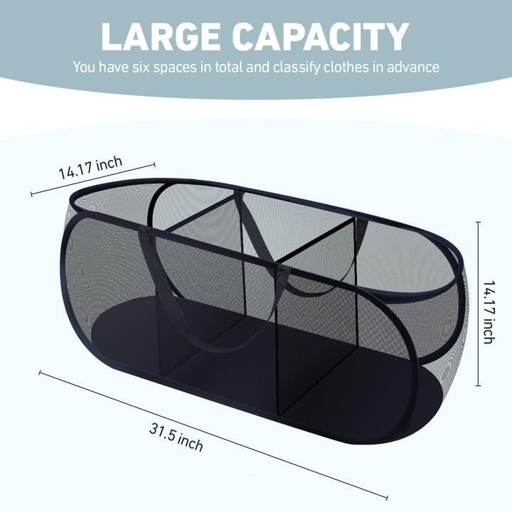 2 Pieces Pop Up Laundry Hamper, 3 Compartment Collapsible Mesh Popup Laundry Basket, Collapsible Mesh Laundry Baskets For Family