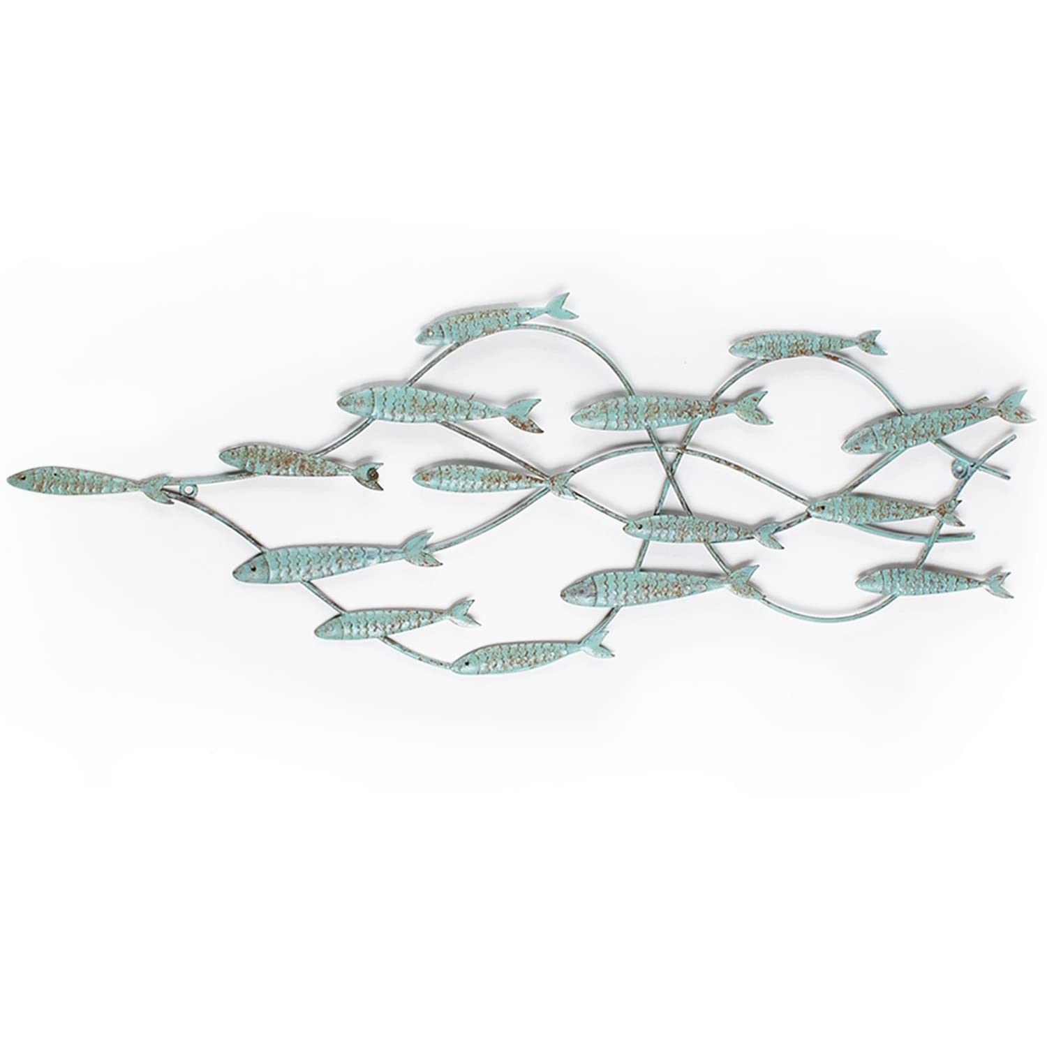 Adeco DN0004 Decorative Distressed Blue Iron School of Fish Wall Hanging Accents Decor Widget, Blue