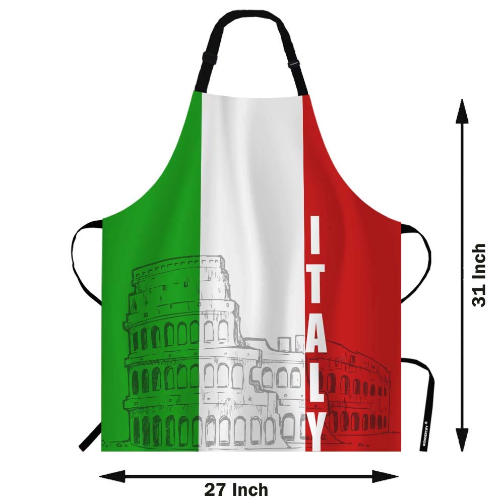 Wondertify Roman Colosseum Italy Flag Apron,Antique Civilization Amphitheatre Archeology Architecture Green White Red Bib Apron