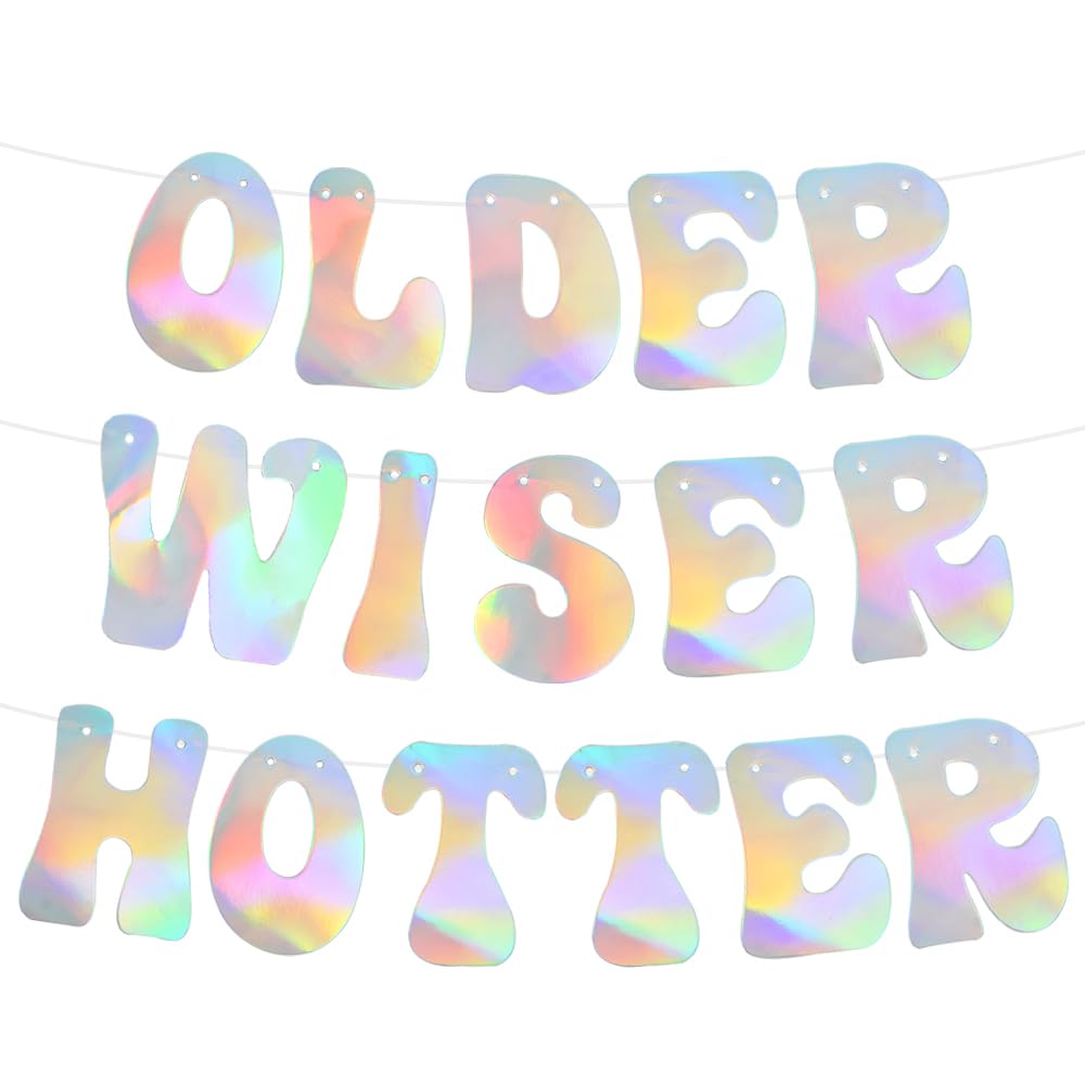 Beishida Iridescent Glitter Older Wiser Hotter Banner -No Diy - Pre-Strung Birthday Banner Decoration For 40Th 50Th 60Th 70Th 80