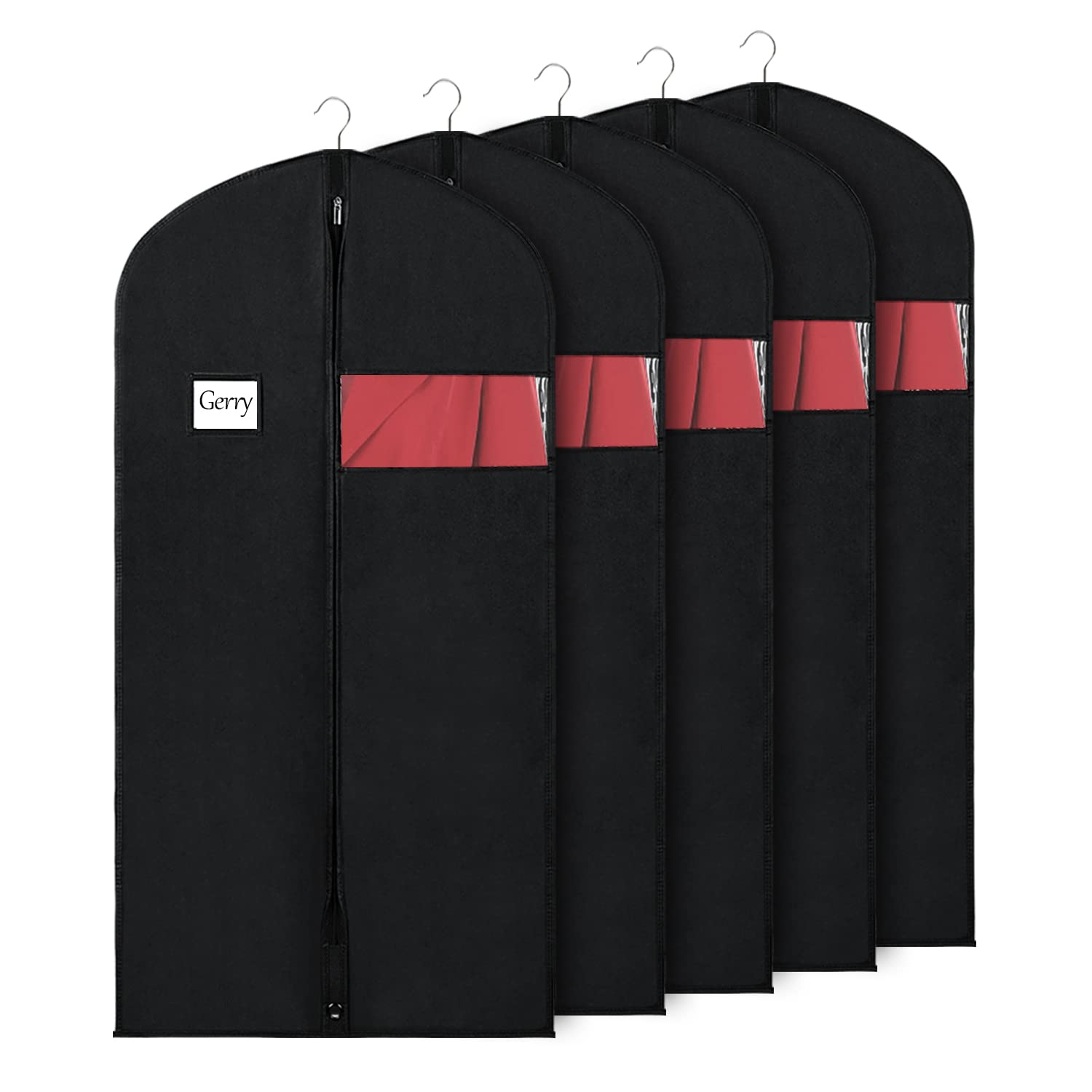 Univivi 5 Pack Garment Bags For Hanging Clothes, 60 Inch Dress Cover With Clear Window And Id Card Holder, Breathable Full Zippe