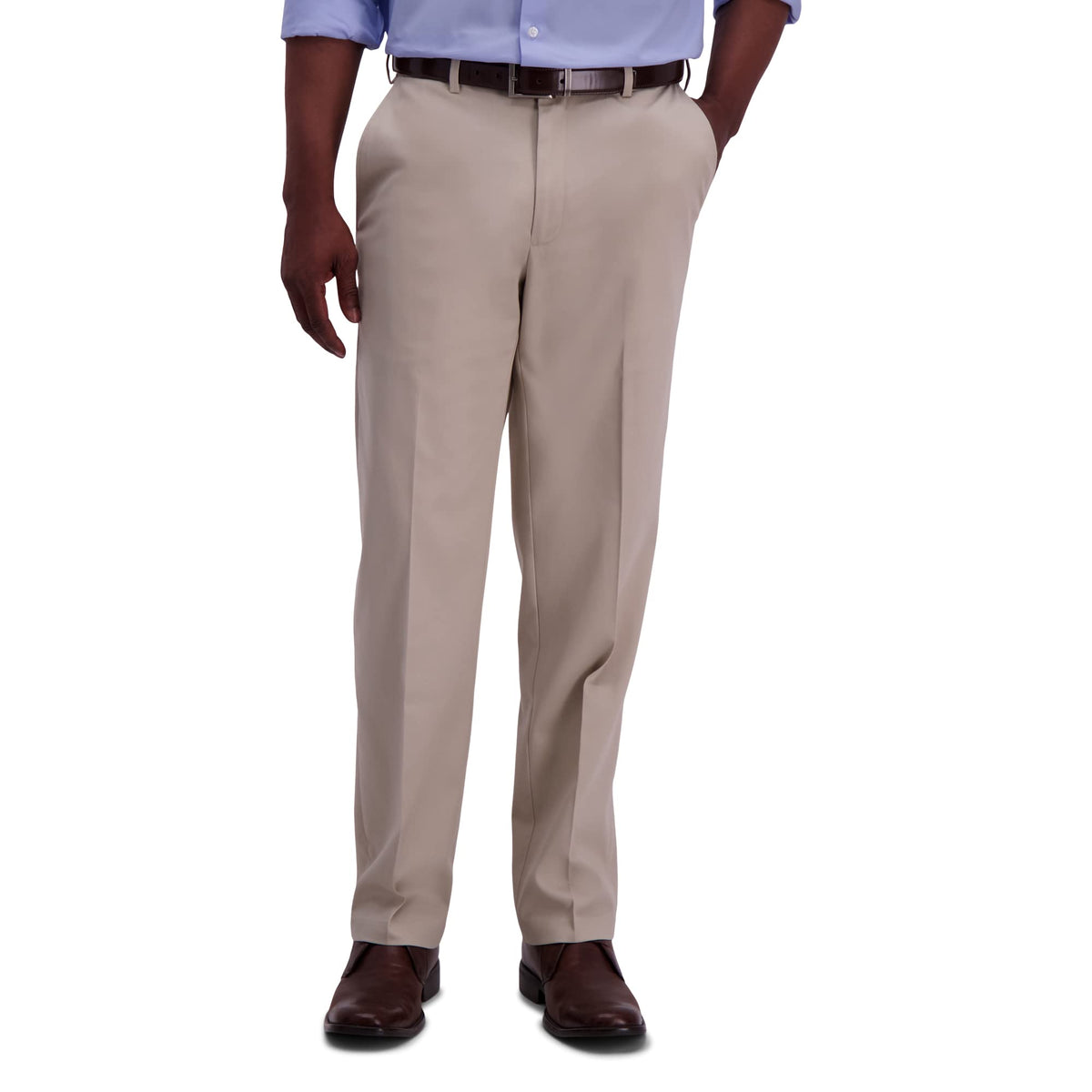 Haggar Mens Classic Fit Flat-Front Hidden Expandable Waistband Premium No Iron Khaki, 40W X 30L - Sand