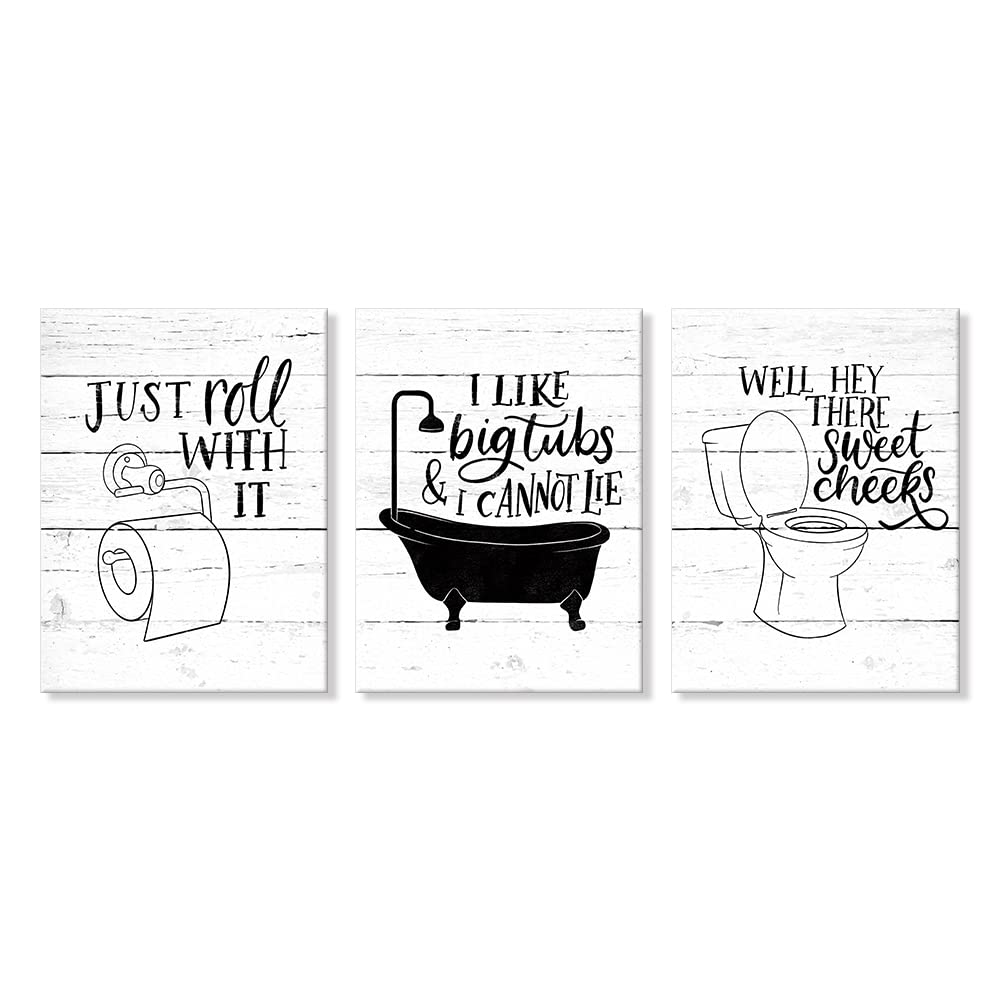 Funny Bathroom Canvas Wall Art Black And White Toilet Bathtub Bath Set Poster Print 3 Pieces Bathroom Quotes Painting Retro Wood