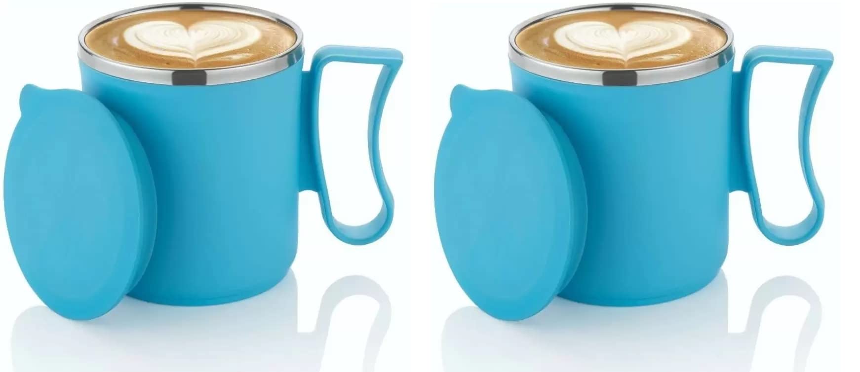 Dynore Stainless Steel Insulated 2 Pc Double Walled Plastic Covered Air Tight Travel Tea/Coffee Mug with Lid Navy Blue