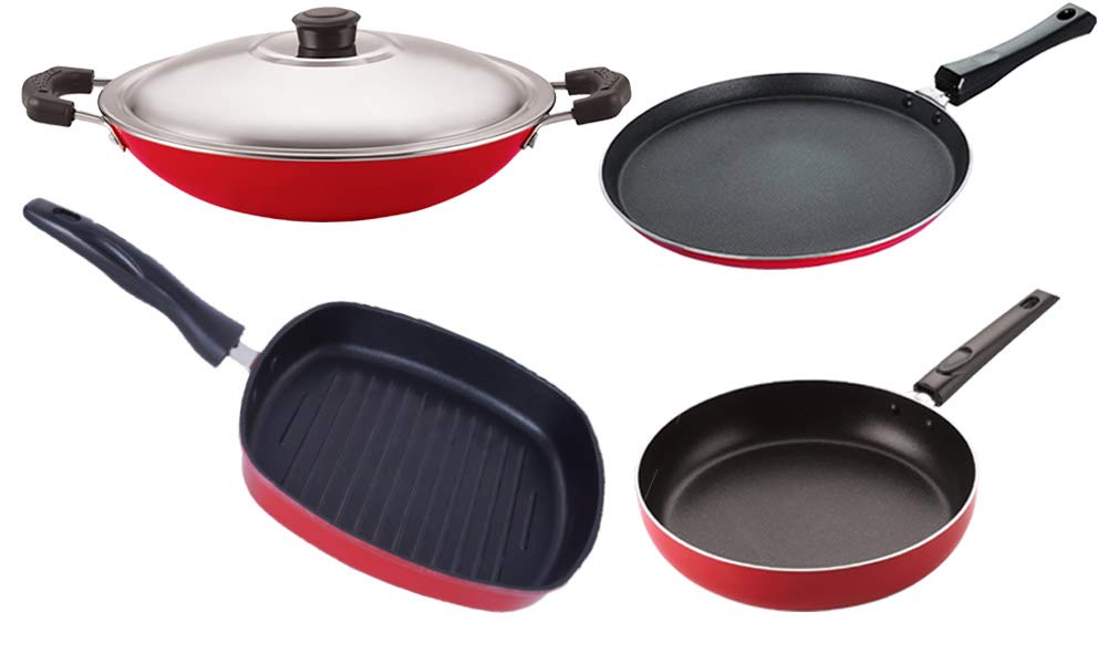 Nirlon NonToxic Oil Free Non Stick Cookware Essential Gift Set Of 4 Pieces With Bakelite Handle(2.6Mm_Ft12_Ac_Gp(22.5)_Fp12)