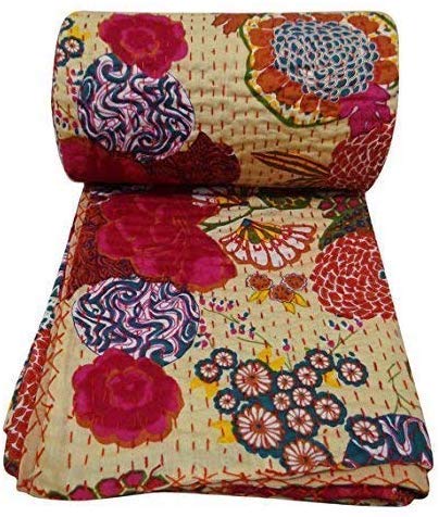 Mtreon Jaipuri Quilt Handmade Bed Cover Cotton Kantha Blanket Throw Home Decor Bedspread Bedsheet, Twin Size, Multicolour(60 X 9