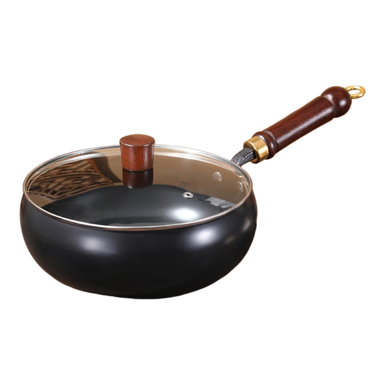 Trendivibe Nonstick Wok No Coating Wood Handle Stir Fry Pan For Kitchen Home Restaurant Glass Lid