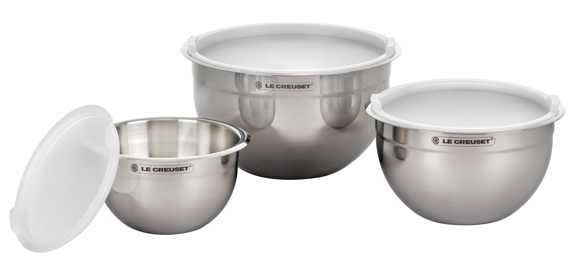 Le Creuset Set Of 3 Nested Mixing Bowls W/Nonslip Silicone Base & Plastic Air Tight Lids, Large, Stainless Steel