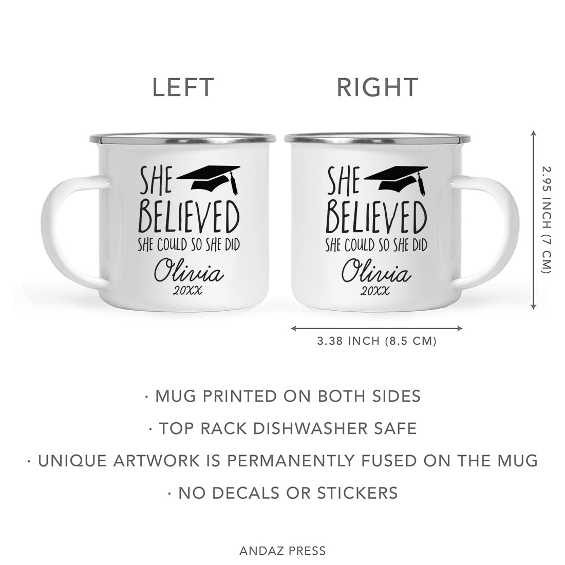 Andaz Press Personalized Custom 11Oz. Graduation Stainless Steel Campfire Coffee Mug Gift, She Believed She Could So She Did, Gr