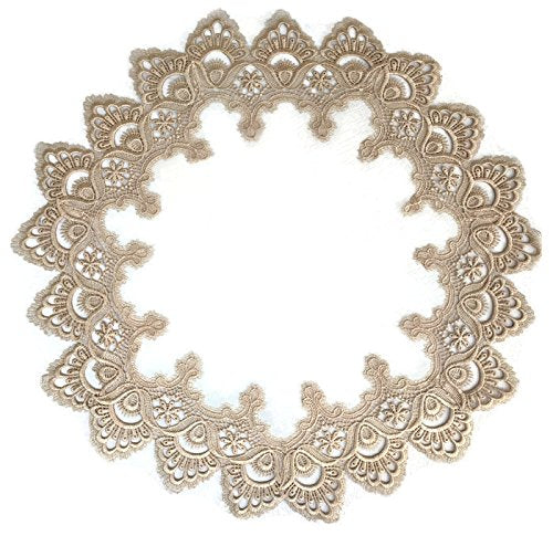 Doily Boutique Round Doily with Gold European Embroidery Lace and Antique White Material, Size 23 inches