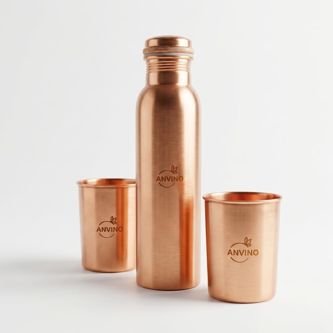 ANVINO Copper Water Bottle 33.8 fl oz with 2 Tumblers, 100% Pure Copper Drinking Bottle Set with LeakProof Screw Cap, Reusable 