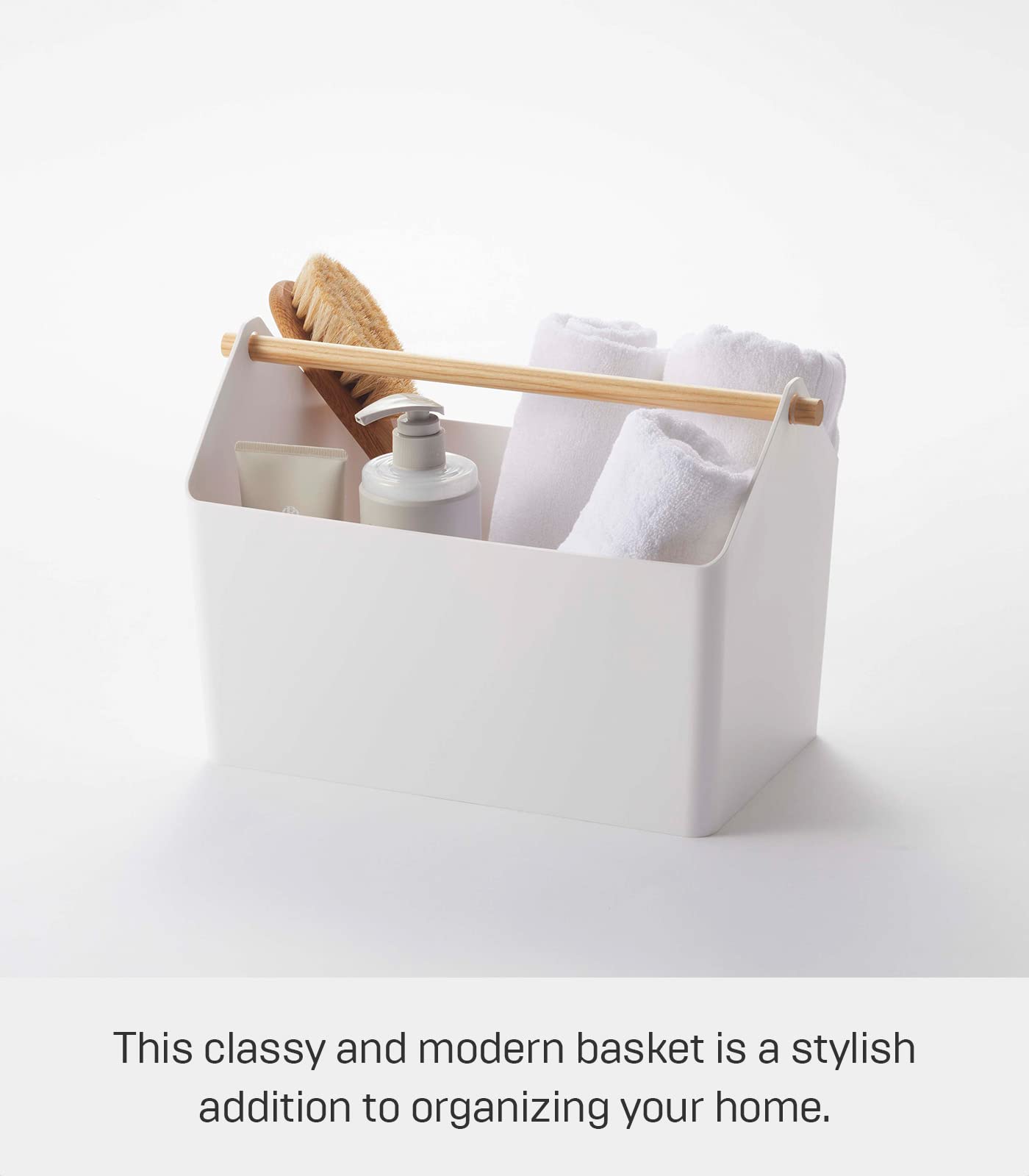 Yamazaki Home Storage Organizer/Cleaning Caddy/Storage Basket With Handle Plastic + Wood One Size White