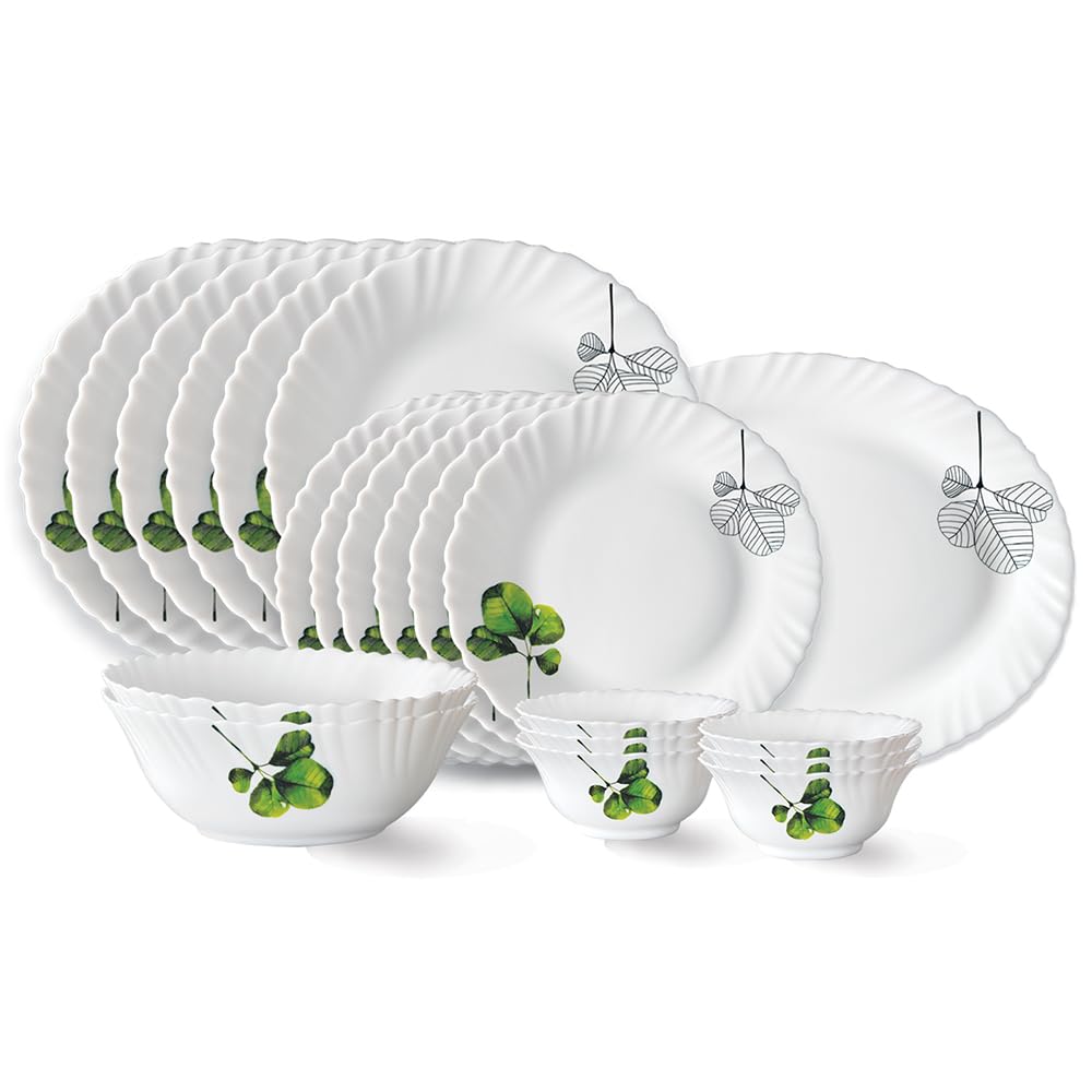Larah By Borosil Oval Fluted Series Opalware Dinner Set | 21 Pieces For Family Of 6 | Microwave & Dishwasher Safe | BoneAsh Fre