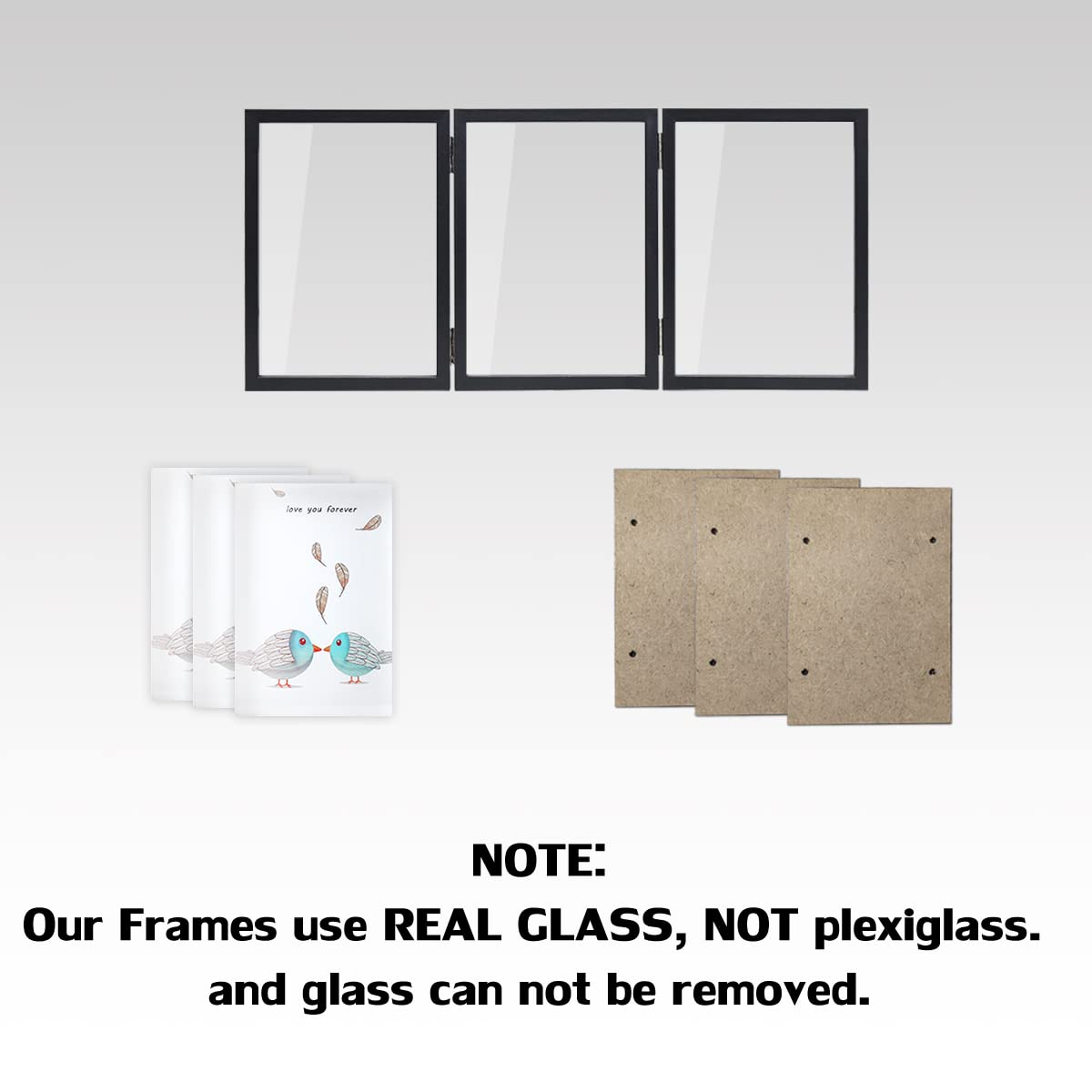 3 Picture Frame 4x6 Black Triple Hinged MDF Wood with Glass Front Three Opening Photo Frame Stand Vertical on Tabletop