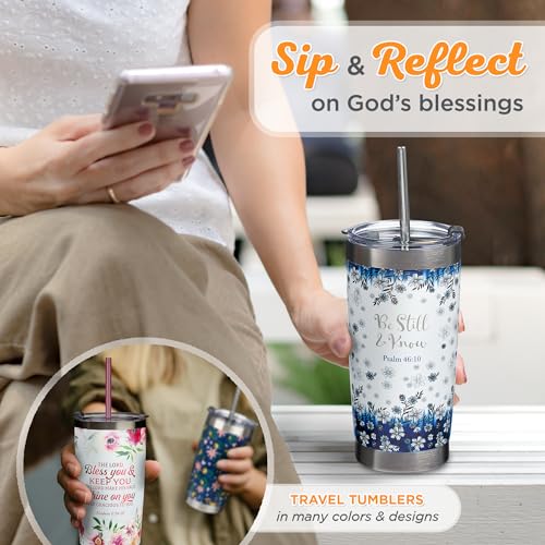 Christian Art Gifts Double Wall Vacuum Insulated Stainless Steel Travel Mug And Straw 18 Oz Blue Floral Camp Style Coffee Mug Wi
