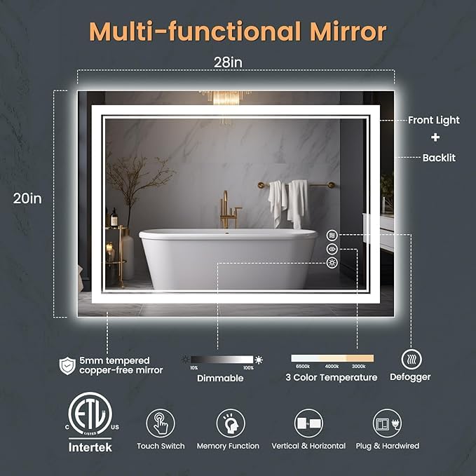 Sogoline Bathroom Mirror With Lights, 20X28 Inch Led Mirror For Bathroom - Defogger, Dimmable, 3 Colors, Shatter-Proof Ultra Bri