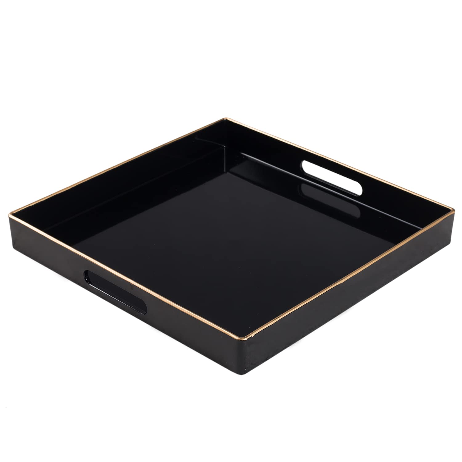 Maoname Decorative Tray, Black Serving Tray With Handles, Coffee Table Tray, Square Plastic Tray For Ottoman, Bathroom, Kitchen,