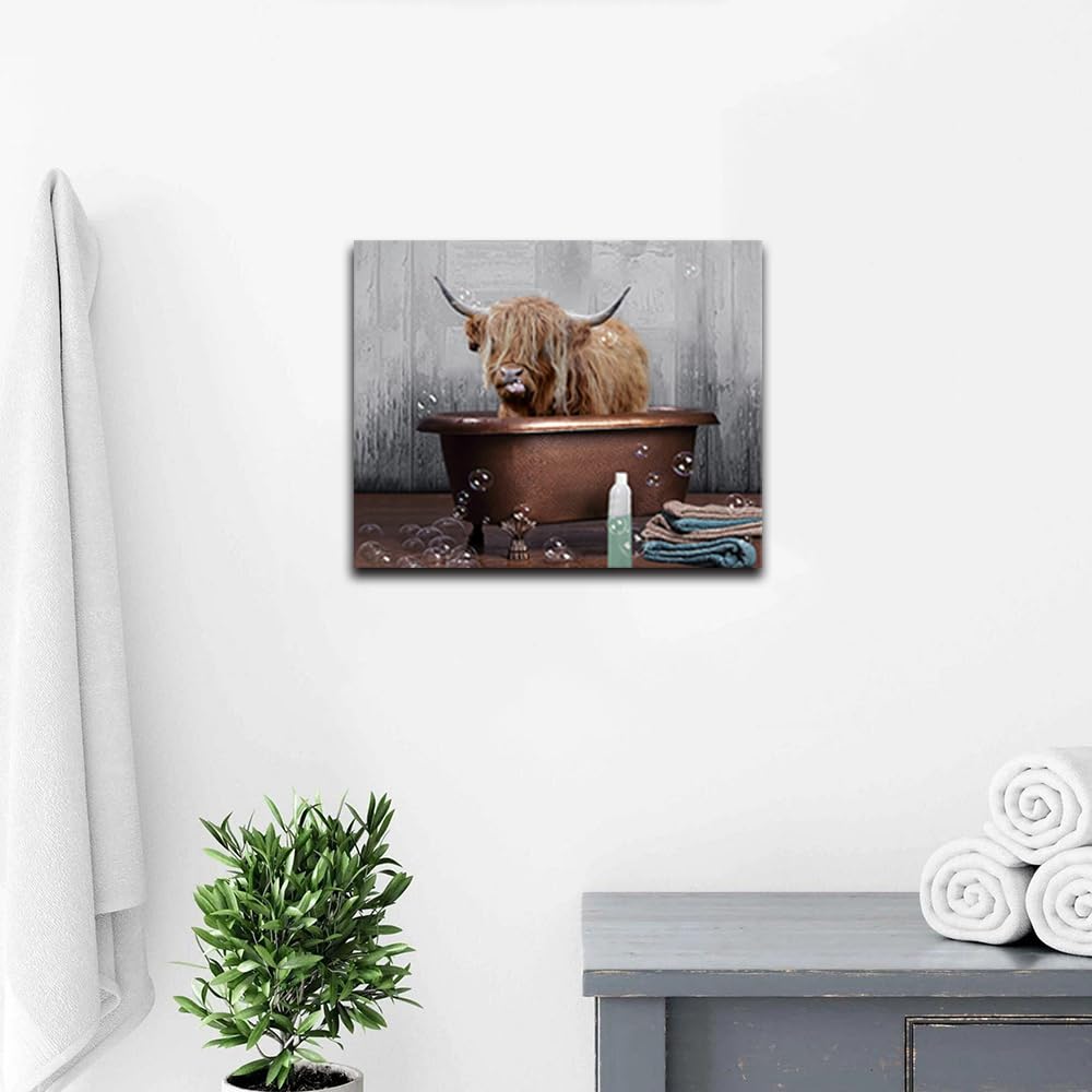 Highland Cow Wall Art Bathroom Decor Cow In Bathtub Canvas Print Longhorn Picture Farmhouse Wall Decor Stretched And Framed 16X2
