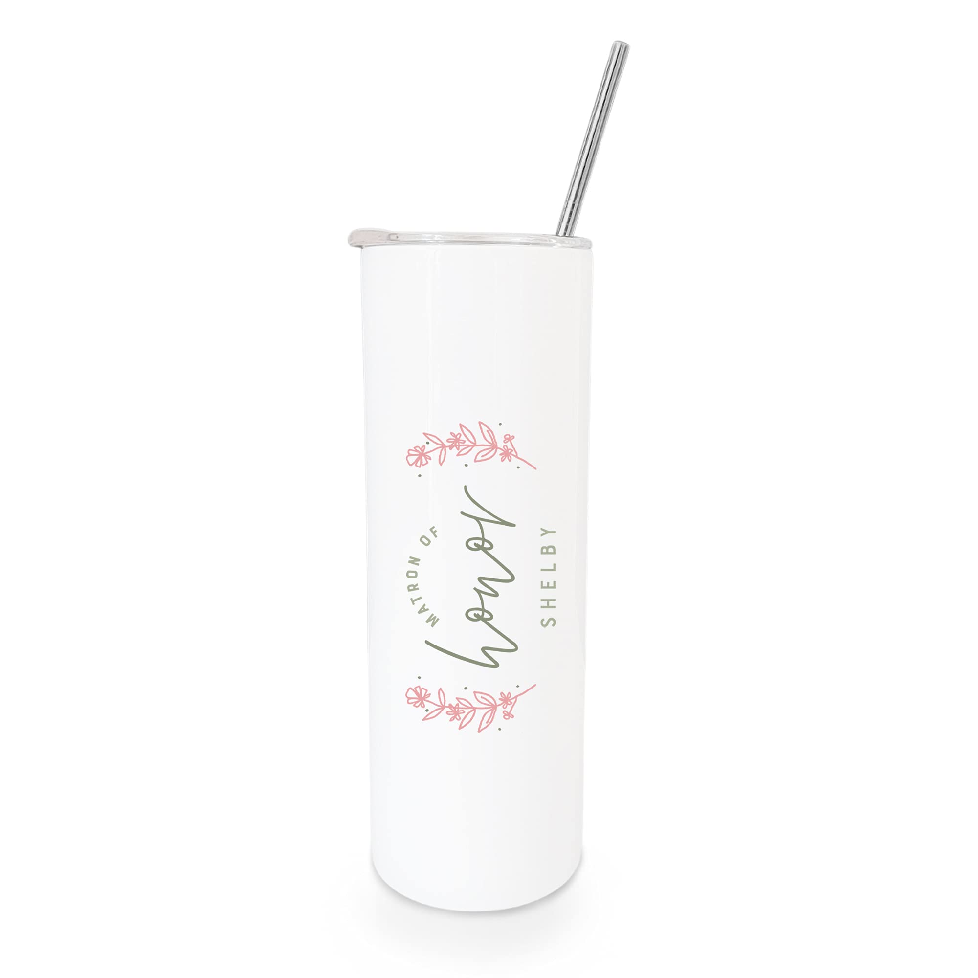 The Cotton & Canvas Co. Personalized Name Floral Matron Of Honor Insulated Stainless Steel Wedding Tumbler With Metal Straw, Mat