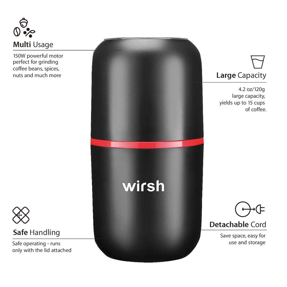 Wirsh Electric Coffee Grinder, Stainless Steel Blades, 4.2oz Capacity, 3.0x7.0 inch, Black, Model D150B