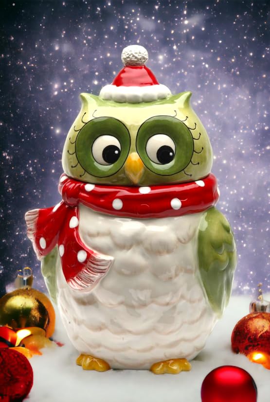 Cosmos Gifts Owl Design Ceramic Holiday Cookie Jar, 9-5/8-Inch