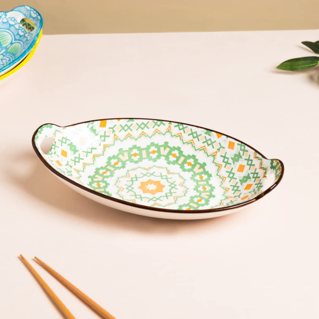 Nestasia Green Criss-Cross Ceramic Long Dish with Handles for Serving Snacks, Appetizers, Salads, and Noodles| Microwave Safe, D