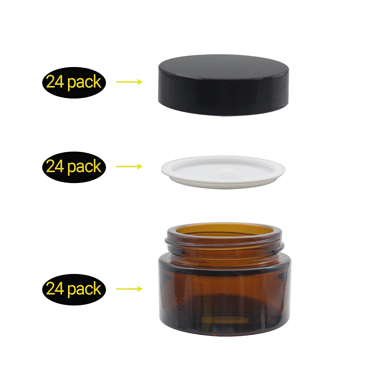 Bpfy 24 Pack 1 Oz Round Amber Glass Cosmetic Jars With Lids And Inner Liners, Travel Glass Jars, Refillable Cosmetic Containers