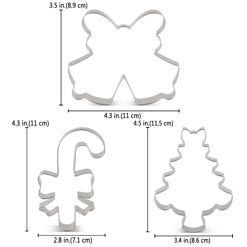 LILIAO Christmas Cute Cookie Cutter Set - 3 Piece - Candy Cane with Bow  Christmas Tree with Bow and Double Bell with Bow/Ribbon Fondant Biscuit Cutters - Stainless Steel