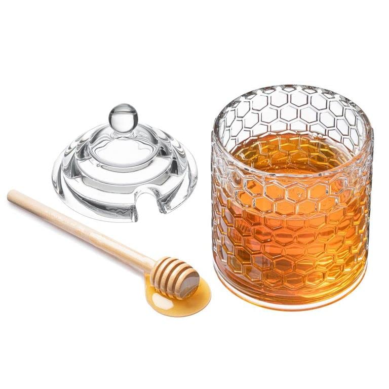 Royalty Art Glass Honey Pot With Beehive Lid And Wooden Dipper, 3 Pc. Set, Decorative Kitchen Accessory And Dispenser, Honeycomb
