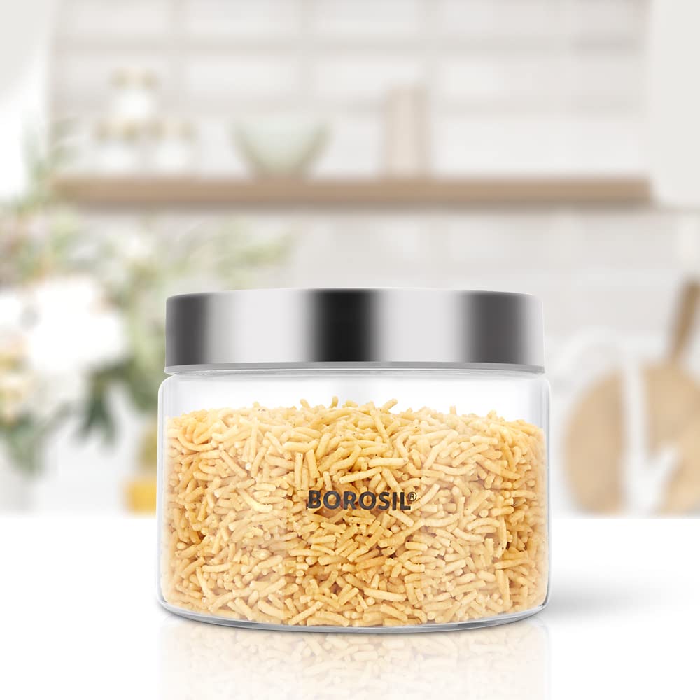 Borosil 350Ml Endura Glass Jar With Stainless Steel Lid | Borosilicate Glass Storage Organiser | Microwave & Dishwasher Safe Kit