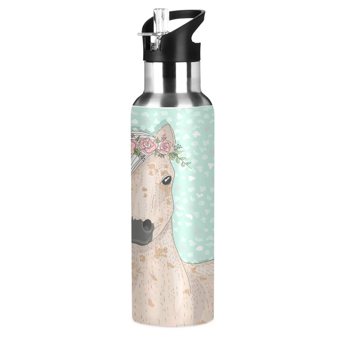 Flower Horse Water Bottle Stainless Steel Vacuum Insulated Water Bottle Standard Mouth Bottle With Wide Handle