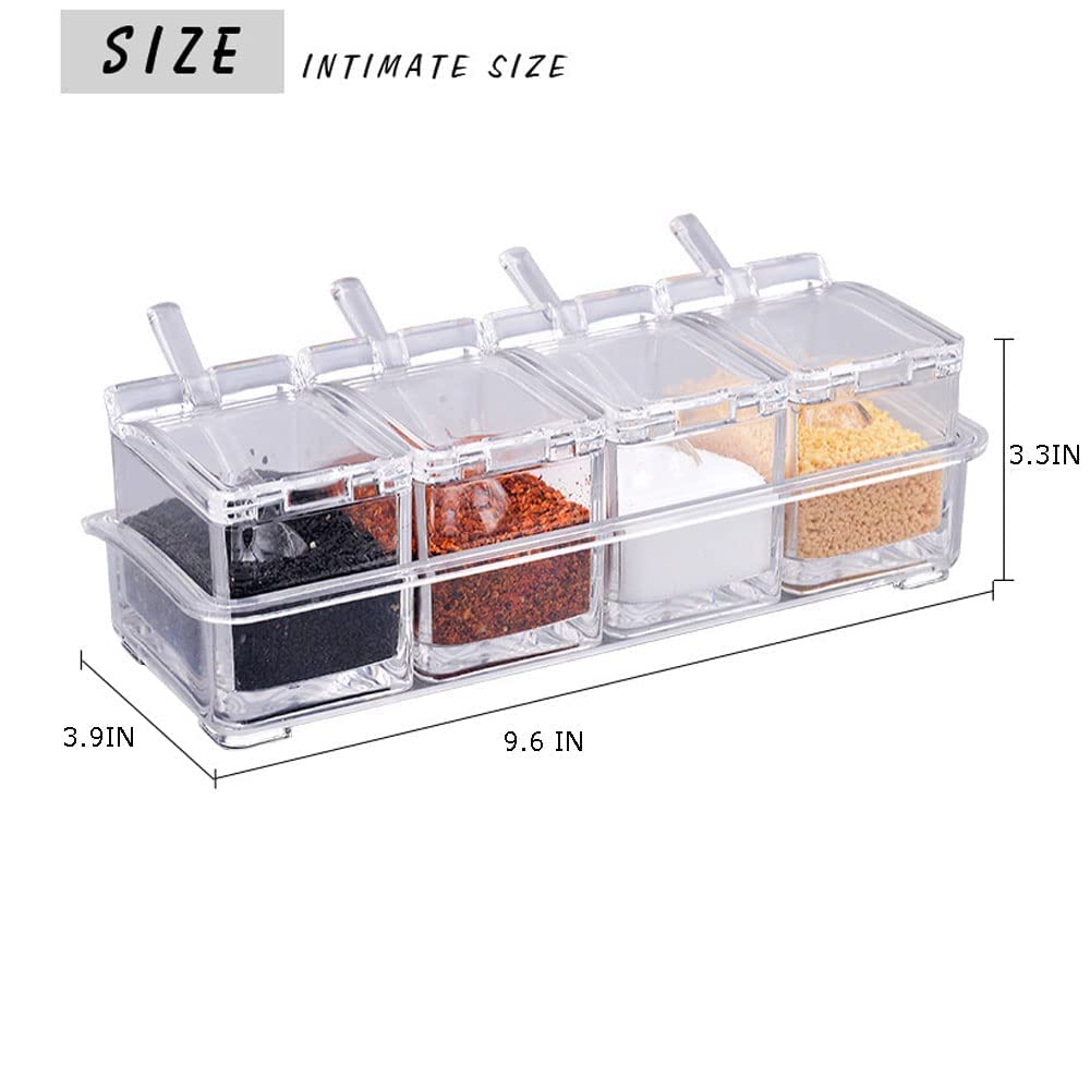Cluqmeik Clear Seasoning Box,4 Spice Jars Condiment Containers With Lids And 4Pcs Spoons 1Pcs Tray Seasoning Organizer For Salt,