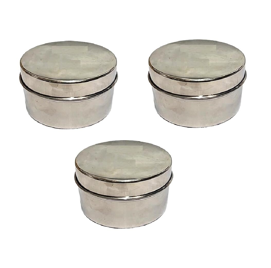 Dynore Stainless Steel Round Shape Flat Dabba/Container/Puri Dabba/Storage Container/Dabbi Set Of 3