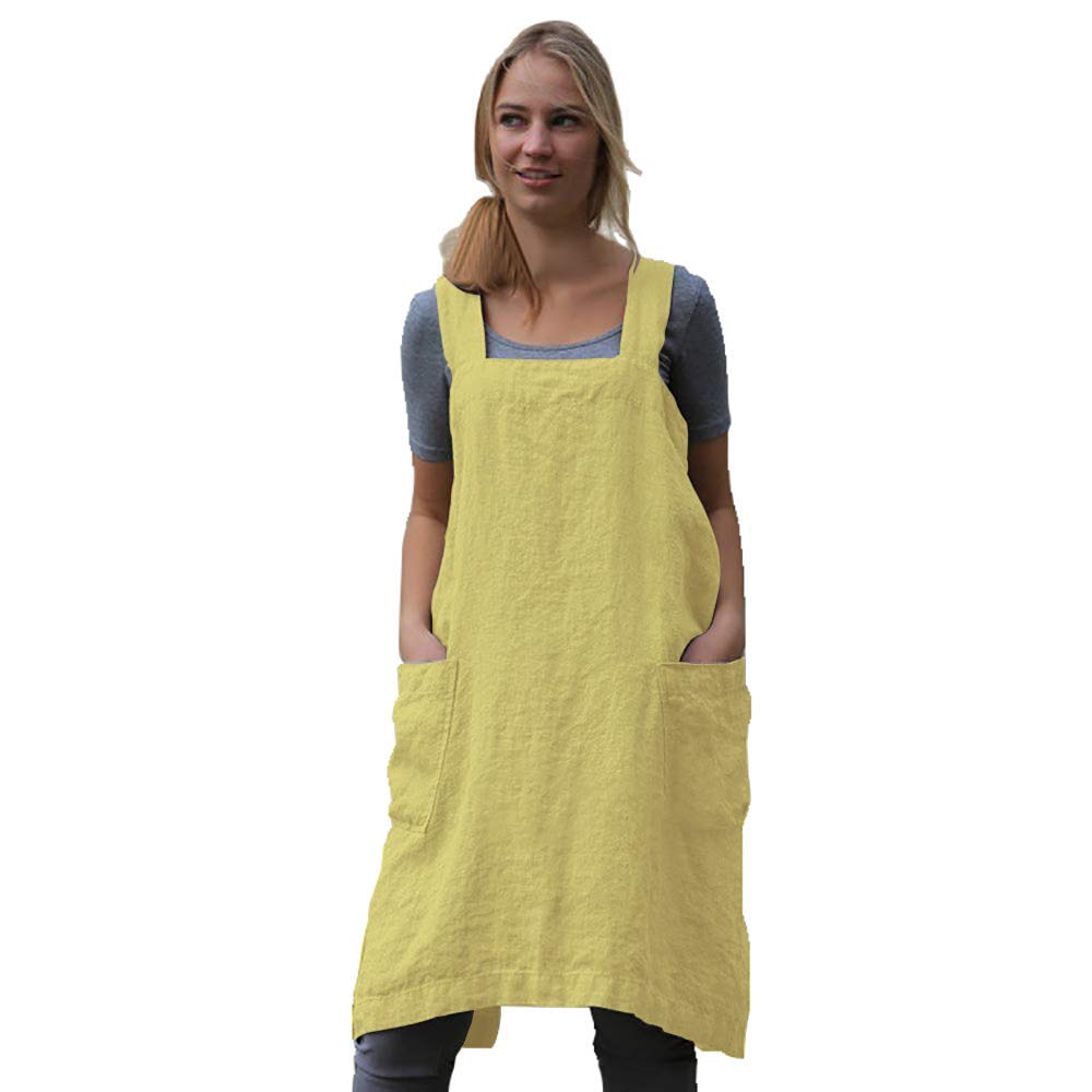 Women 'S Pinafore Square Apron Baking Cooking Gardening Works Cross Back Cotton/Linen Blend Dress With 2 Pockets Yellow-M