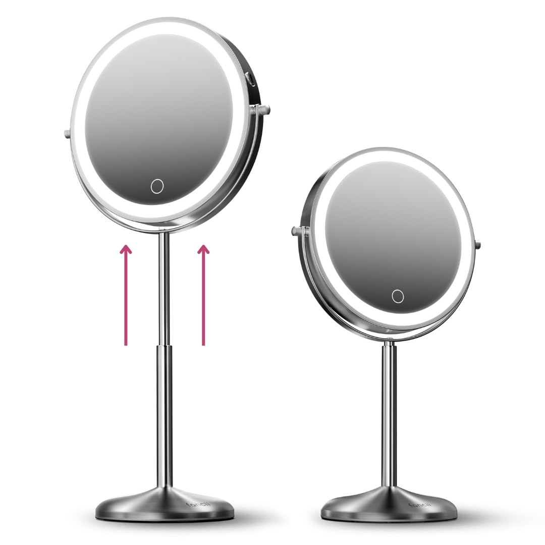 Fancii 9-Inch Lighted Makeup Mirror Height Adjustable with 10X /1X Magnification - Rechargeable, Double Sided LED Vanity Mirror 