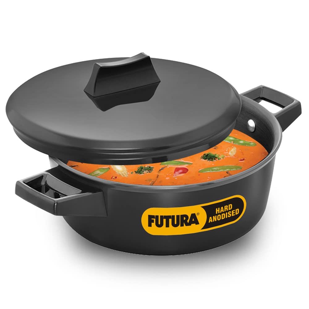 Hawkins Aluminium Futura 2 Litre Cook N Serve Bowl, Hard Anodised Saucepan And Lid, Sauce Pan For Cooking, Black Bowl For Servin