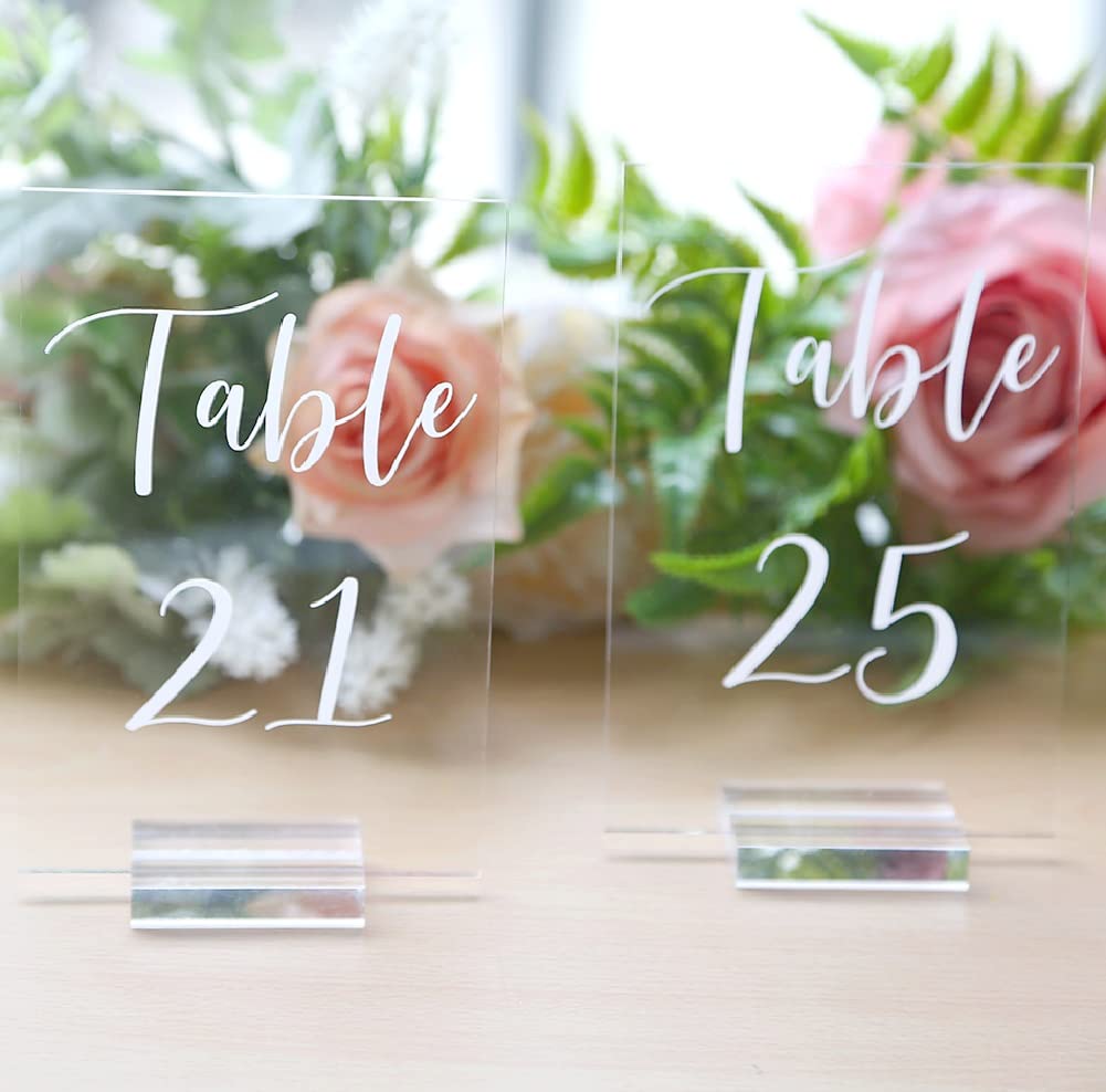 Uniqooo Acrylic Wedding Table Numbers 1-25 With Stands | 4X6 Inch Printed Calligraphy, Clear Table Number Signs And Holders | Pe