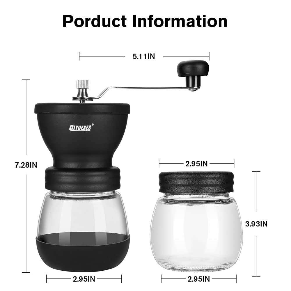 Qiyuexes Manual Coffee Grinder With Burr, Coffee Bean Grinder For Espresso, French Press, Cold Brew, Includes 2 Glass Jars (11Oz