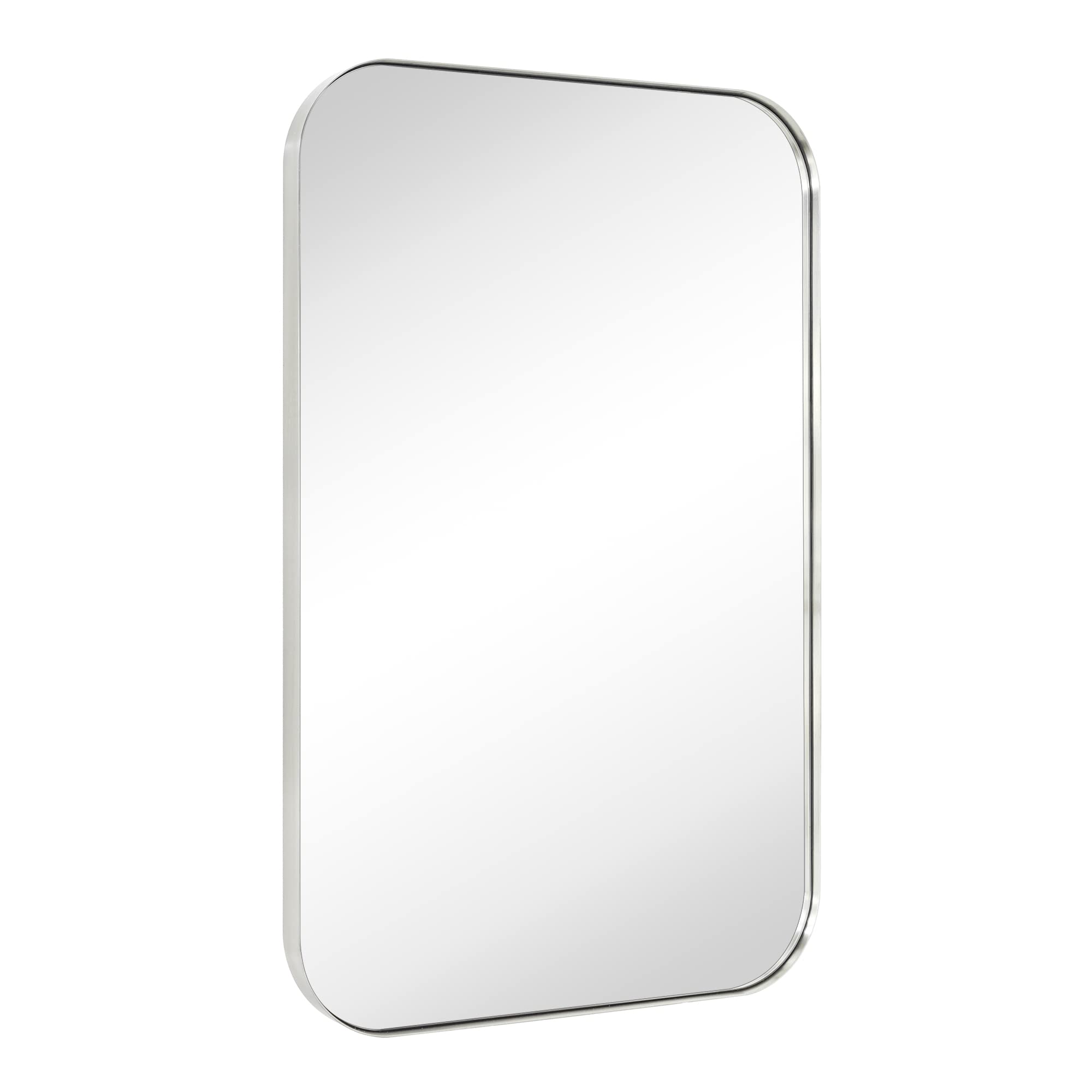 EGHOME 24x36   Brushed Nickel Rounded Rectangle Bathroom Vanity Wall Mirror Silver Stainless Steel Metal Framed Rectangular Ba