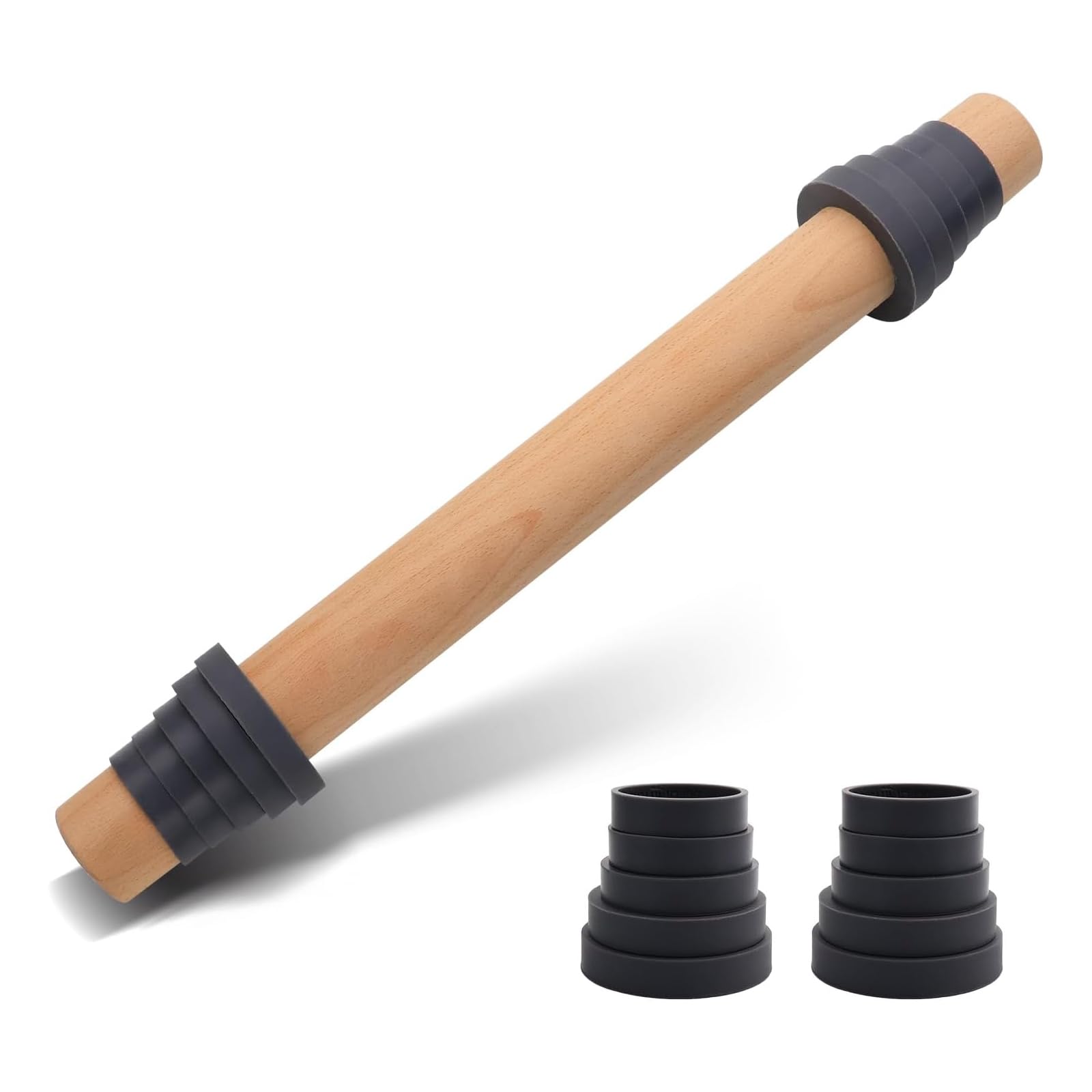 Adjustable 17.5 Inches Wood Rolling Pin With Thickness Rings For Baking -Non Stick Wooden Dough Roller Pin With Spacer Bands For