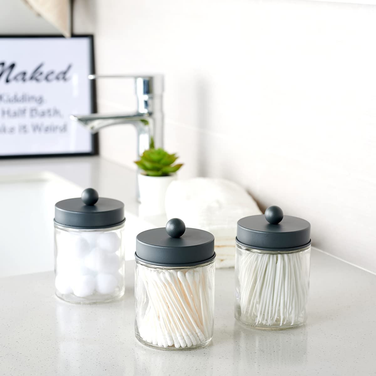 6 Pack Apothecary Jars Bathroom Vanity Organizer- Rustic Farmhouse Decor Storage Canister with Stainless Steel Lids- Qtip Dispenser Holder for Q-Tips Cotton Swabs Rounds Ball Flossers (Grey)